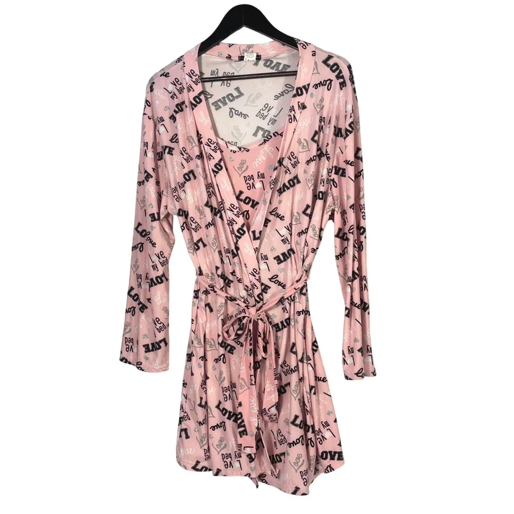 Grumpy & Gorgeous Pajama Nightgown & Robe Set Pink Love Print Size L Gown M Robe